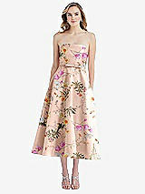 Front View Thumbnail - Butterfly Botanica Pink Sand Strapless Bow-Waist Full Skirt Floral Satin Midi Dress