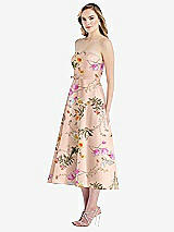 Side View Thumbnail - Butterfly Botanica Pink Sand Strapless Bow-Waist Full Skirt Floral Satin Midi Dress