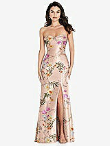 Front View Thumbnail - Butterfly Botanica Pink Sand Bow Cuff Strapless Floral Princess Waist Trumpet Gown