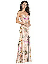 Side View Thumbnail - Butterfly Botanica Pink Sand Bow Cuff Strapless Floral Princess Waist Trumpet Gown
