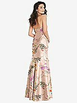 Rear View Thumbnail - Butterfly Botanica Pink Sand Bow Cuff Strapless Floral Princess Waist Trumpet Gown