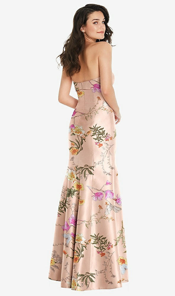 Back View - Butterfly Botanica Pink Sand Bow Cuff Strapless Floral Princess Waist Trumpet Gown