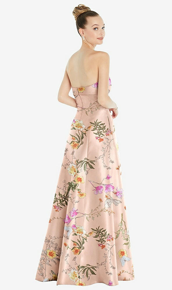 Back View - Butterfly Botanica Pink Sand Bow Cuff Strapless Floral Satin Ball Gown with Pockets