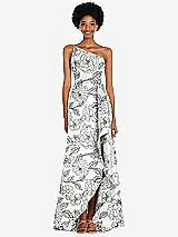 Front View Thumbnail - Botanica One-Shoulder Floral Satin Gown with Draped Front Slit