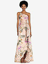 Front View Thumbnail - Butterfly Botanica Pink Sand One-Shoulder Floral Satin Gown with Draped Front Slit