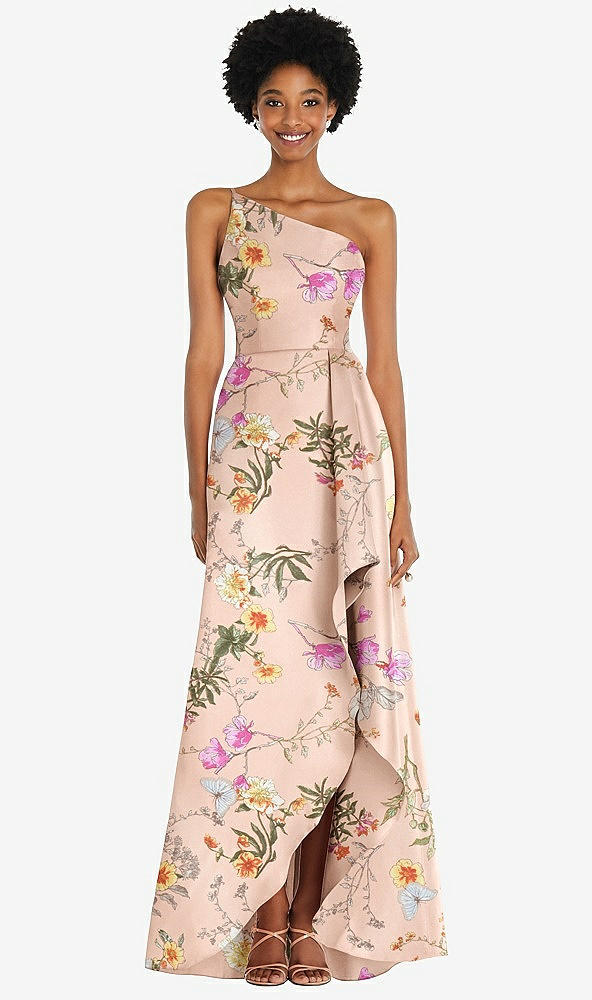 Front View - Butterfly Botanica Pink Sand One-Shoulder Floral Satin Gown with Draped Front Slit