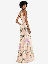 Rear View Thumbnail - Butterfly Botanica Pink Sand One-Shoulder Floral Satin Gown with Draped Front Slit