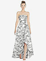 Front View Thumbnail - Botanica Strapless Floral Satin Gown with Draped Front Slit and Pockets