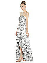 Side View Thumbnail - Botanica Strapless Floral Satin Gown with Draped Front Slit and Pockets