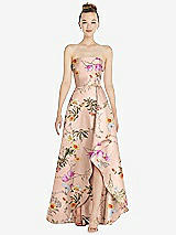 Front View Thumbnail - Butterfly Botanica Pink Sand Strapless Floral Satin Gown with Draped Front Slit and Pockets