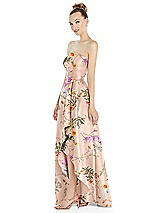 Side View Thumbnail - Butterfly Botanica Pink Sand Strapless Floral Satin Gown with Draped Front Slit and Pockets