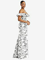 Side View Thumbnail - Botanica Off-the-Shoulder Ruffle Neck Floral Satin Trumpet Gown