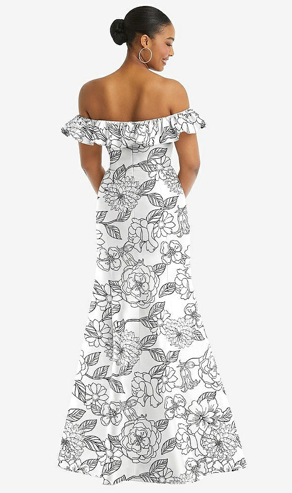 Back View - Botanica Off-the-Shoulder Ruffle Neck Floral Satin Trumpet Gown