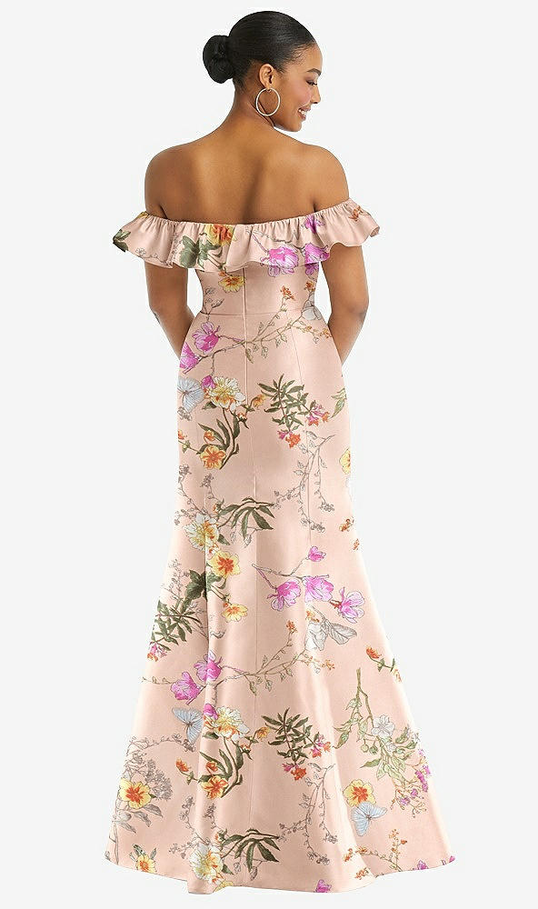 Back View - Butterfly Botanica Pink Sand Off-the-Shoulder Ruffle Neck Floral Satin Trumpet Gown