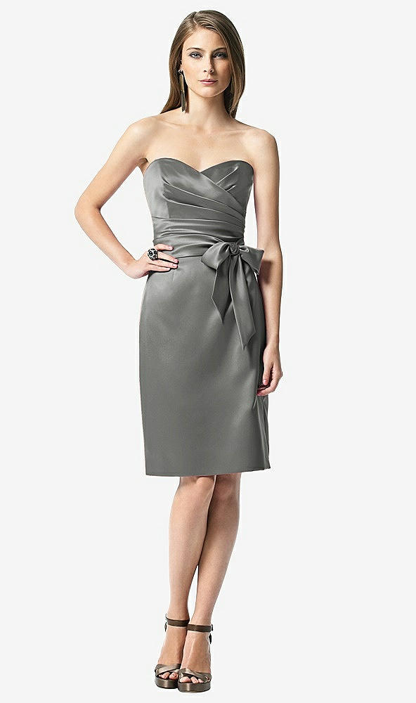 Front View - Charcoal Gray Strapless Bowed-Waist Satin Cocktail Dress