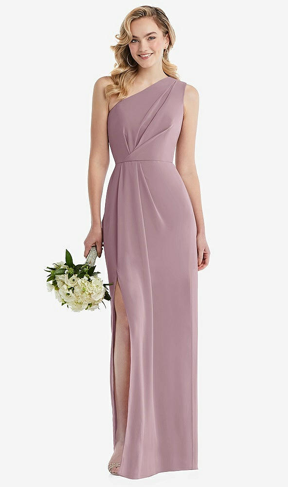 Front View - Dusty Rose One-Shoulder Draped Bodice Column Gown