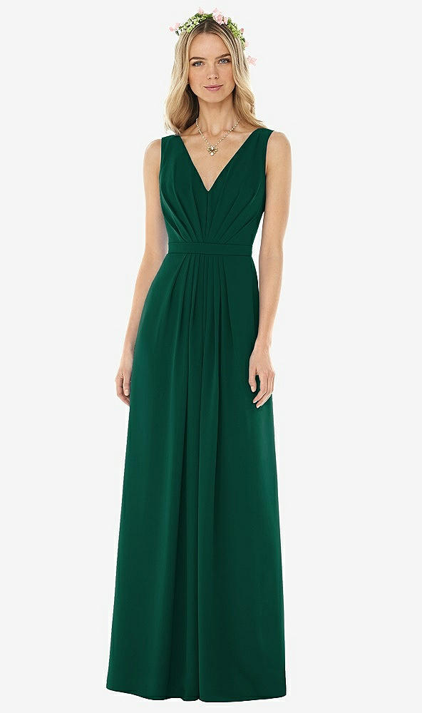 Front View - Hunter Green Sleeveless V-Pleat Sheer Crepe Dress