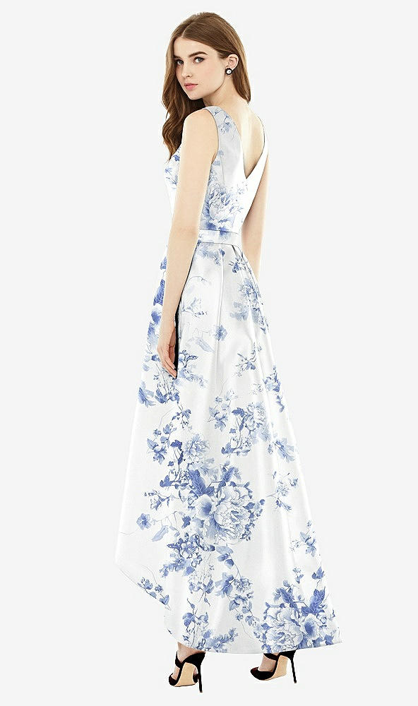 Back View - Cottage Rose Larkspur Sleeveless Floral Satin High Low Dress with Pockets