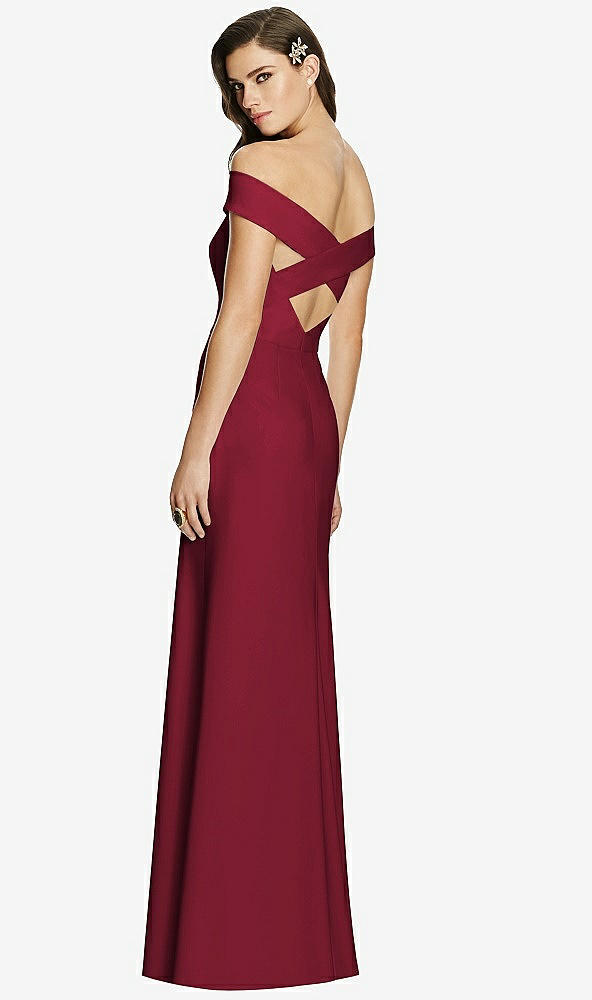 Front View - Burgundy Off-the-Shoulder Straight Neck Dress with Criss Cross Back