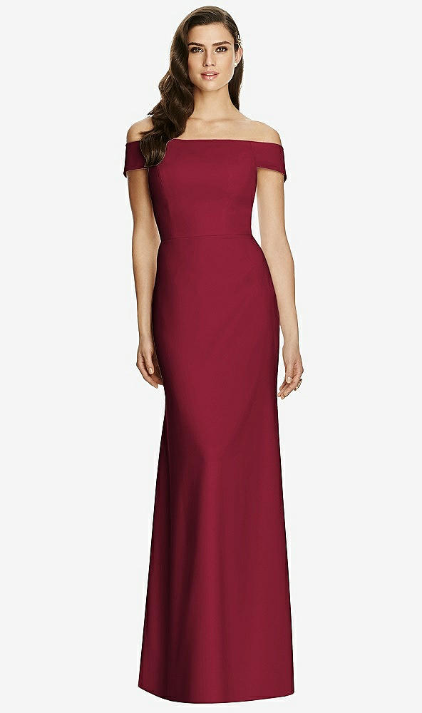 Back View - Burgundy Off-the-Shoulder Straight Neck Dress with Criss Cross Back