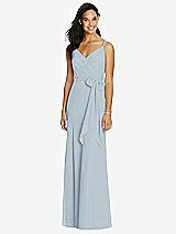 Front View Thumbnail - Mist V-Back Draped Wrap Trumpet Gown with Sash 