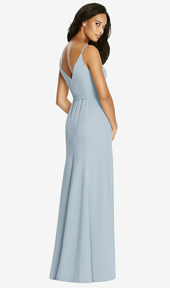 Back View - Mist V-Back Draped Wrap Trumpet Gown with Sash 