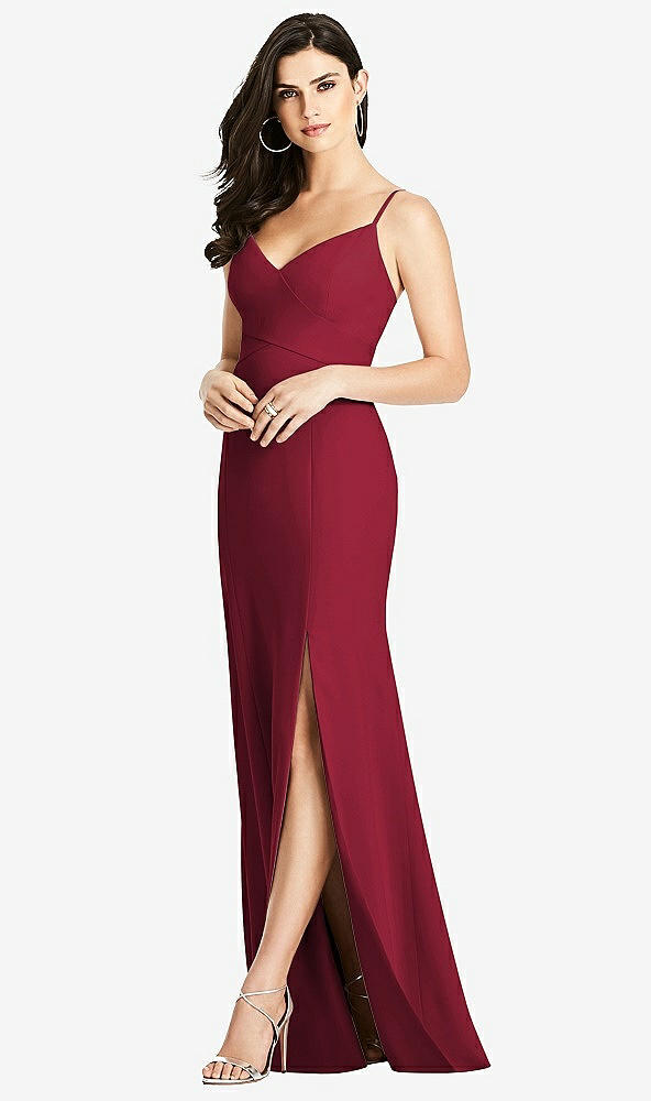 Front View - Burgundy Seamed Bodice Crepe Trumpet Gown with Front Slit