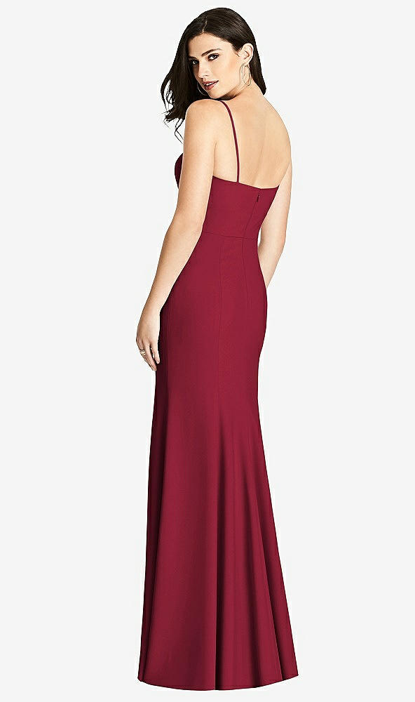 Back View - Burgundy Seamed Bodice Crepe Trumpet Gown with Front Slit