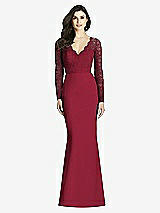 Front View Thumbnail - Burgundy  Long Sleeve Illusion-Back Lace Trumpet Gown