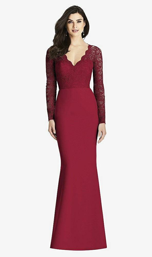 Front View - Burgundy  Long Sleeve Illusion-Back Lace Trumpet Gown