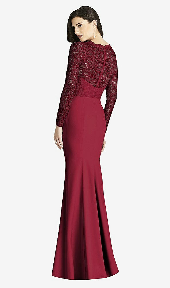 Back View - Burgundy  Long Sleeve Illusion-Back Lace Trumpet Gown