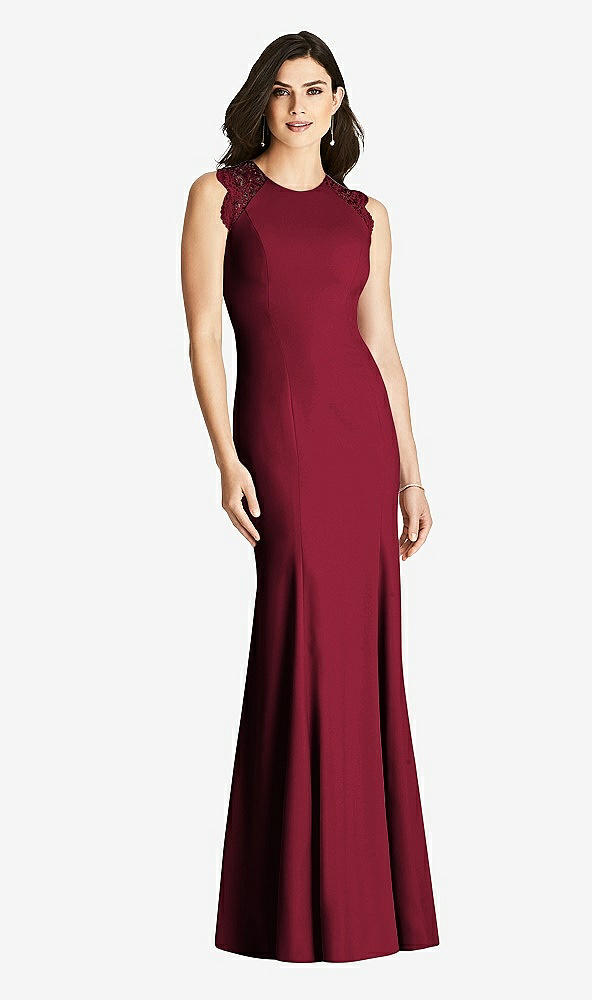 Front View - Burgundy Sleeveless Lace Back Trumpet Gown