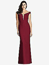 Front View Thumbnail - Burgundy & Light Nude Off-the-Shoulder Deep Notch Trumpet Gown