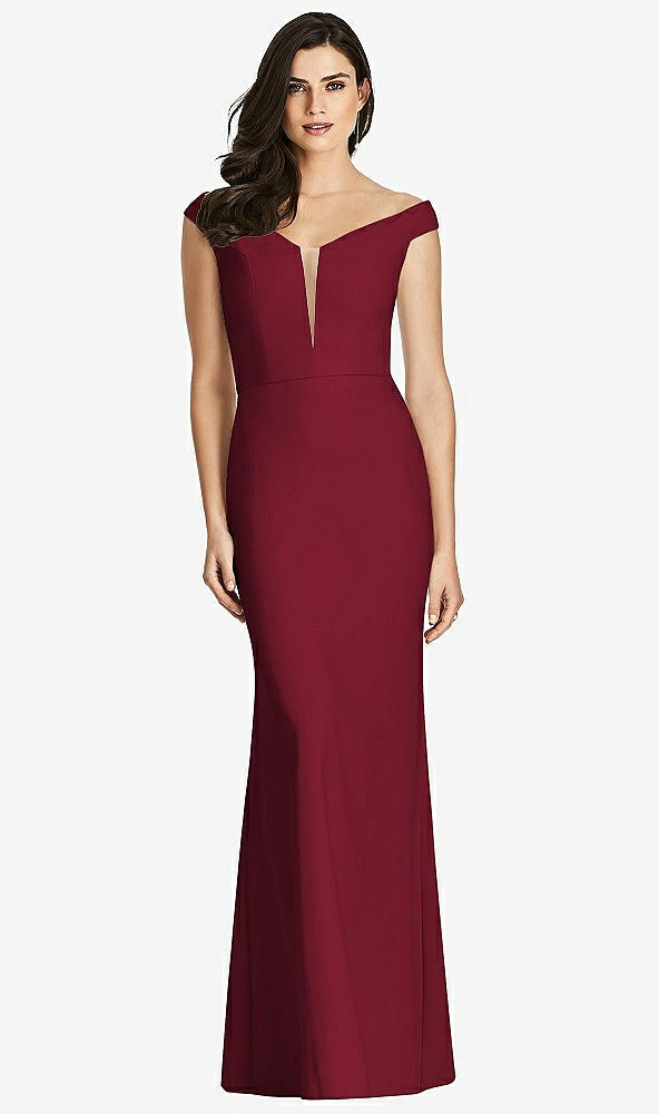 Front View - Burgundy & Light Nude Off-the-Shoulder Deep Notch Trumpet Gown