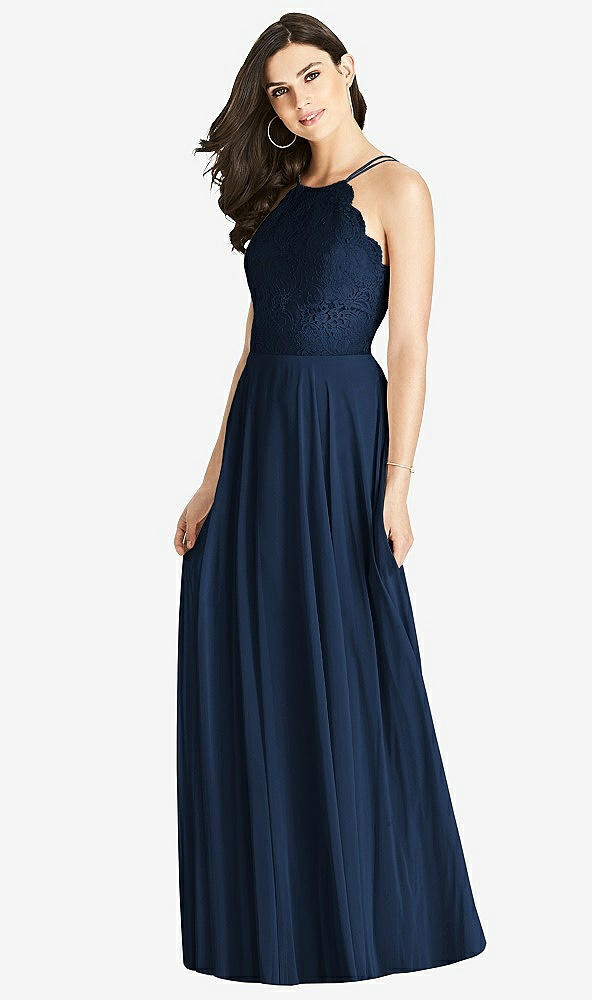 Front View - Midnight Navy Lace Bodice Halter Maxi Dress