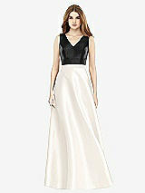 Front View Thumbnail - Ivory & Black Sleeveless A-Line Satin Dress with Pockets