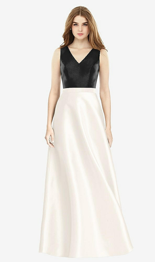 Front View - Ivory & Black Sleeveless A-Line Satin Dress with Pockets