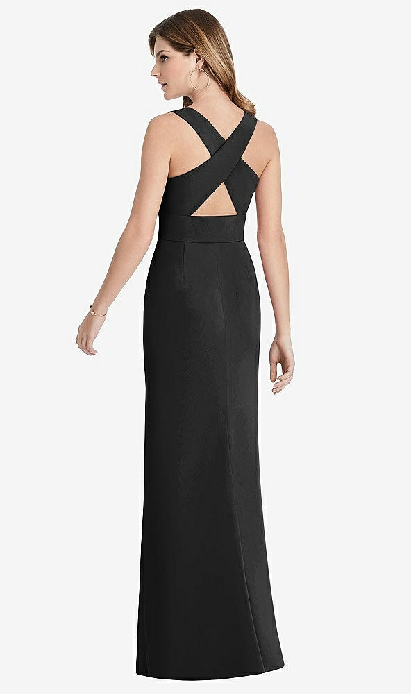 Back View - Black Criss Cross Back Trumpet Gown with Front Slit