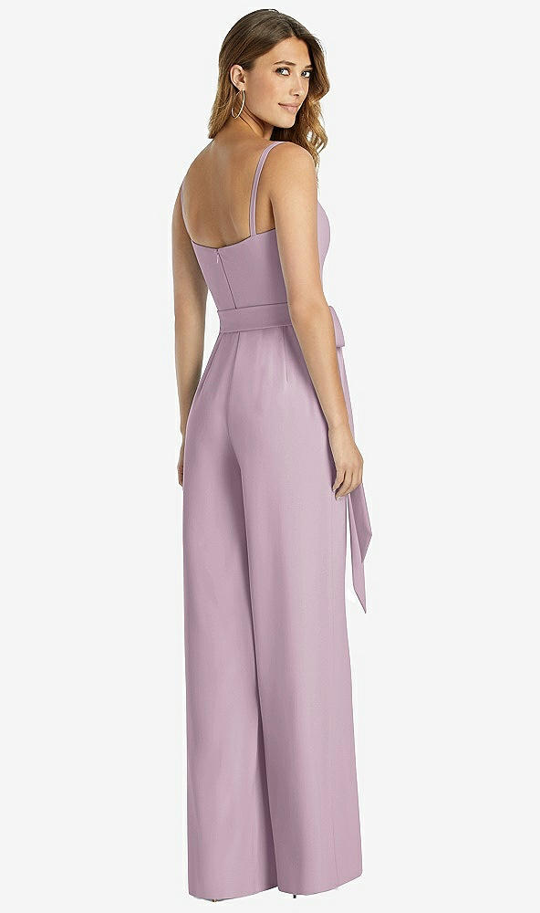 Back View - Suede Rose Spaghetti Strap Crepe Jumpsuit with Sash - Alana 