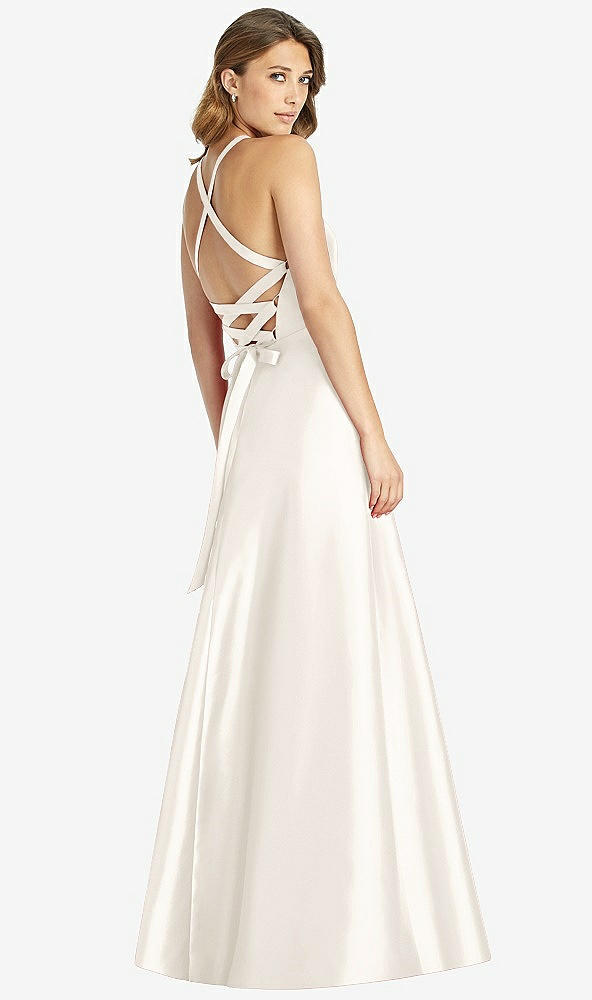 Back View - Ivory Halter Lace-Up A-Line Maxi Dress