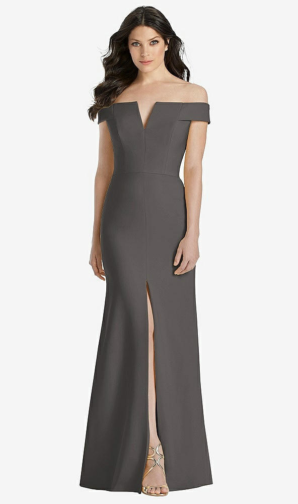 Front View - Caviar Gray Off-the-Shoulder Notch Trumpet Gown with Front Slit