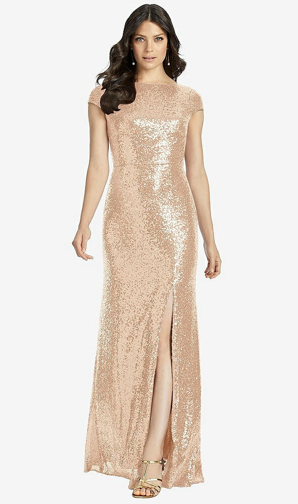 Front View - Rose Gold Cap Sleeve Cowl-Back Sequin Gown with Front Slit