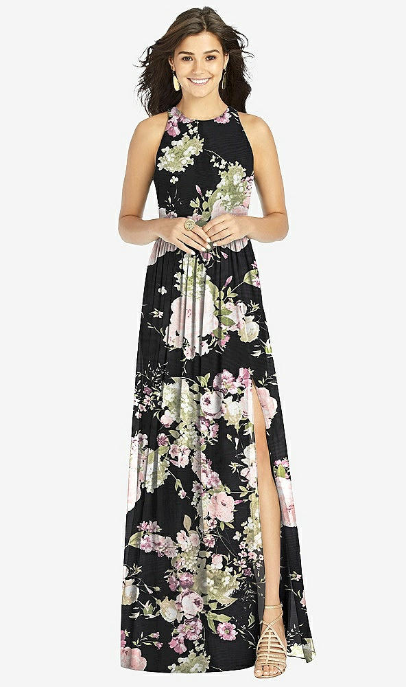 Front View - Noir Garden Shirred Skirt Halter Dress with Front Slit
