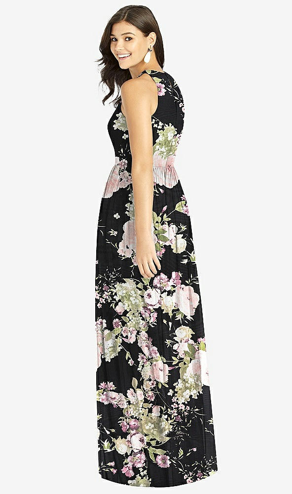 Back View - Noir Garden Shirred Skirt Halter Dress with Front Slit