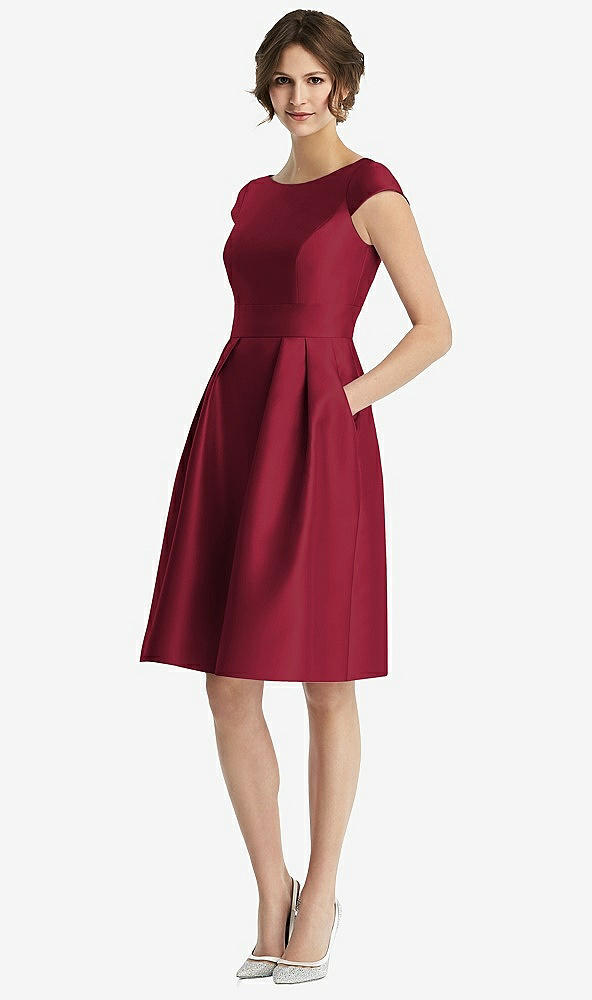 Front View - Burgundy Cap Sleeve Pleated Cocktail Dress with Pockets