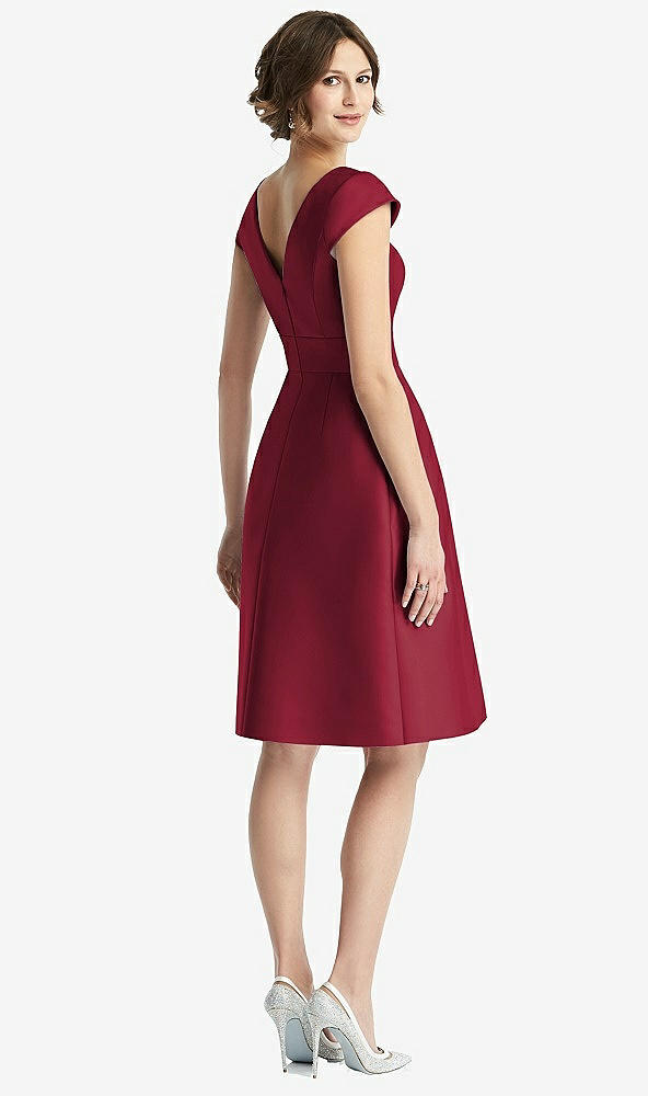 Back View - Burgundy Cap Sleeve Pleated Cocktail Dress with Pockets