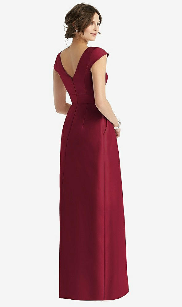 Back View - Burgundy Cap Sleeve Pleated Skirt Dress with Pockets
