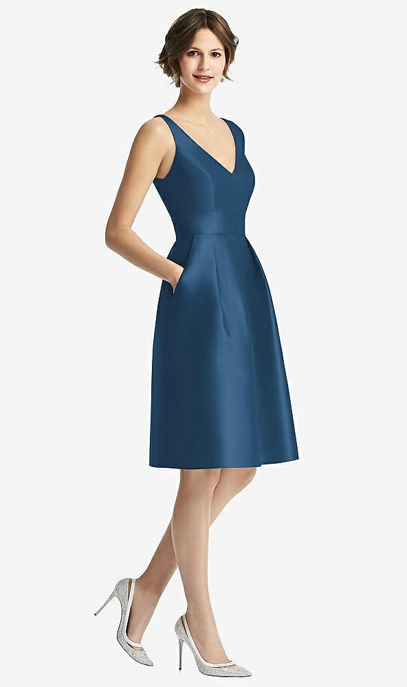 Front View - Dusk Blue V-Neck Pleated Skirt Cocktail Dress with Pockets