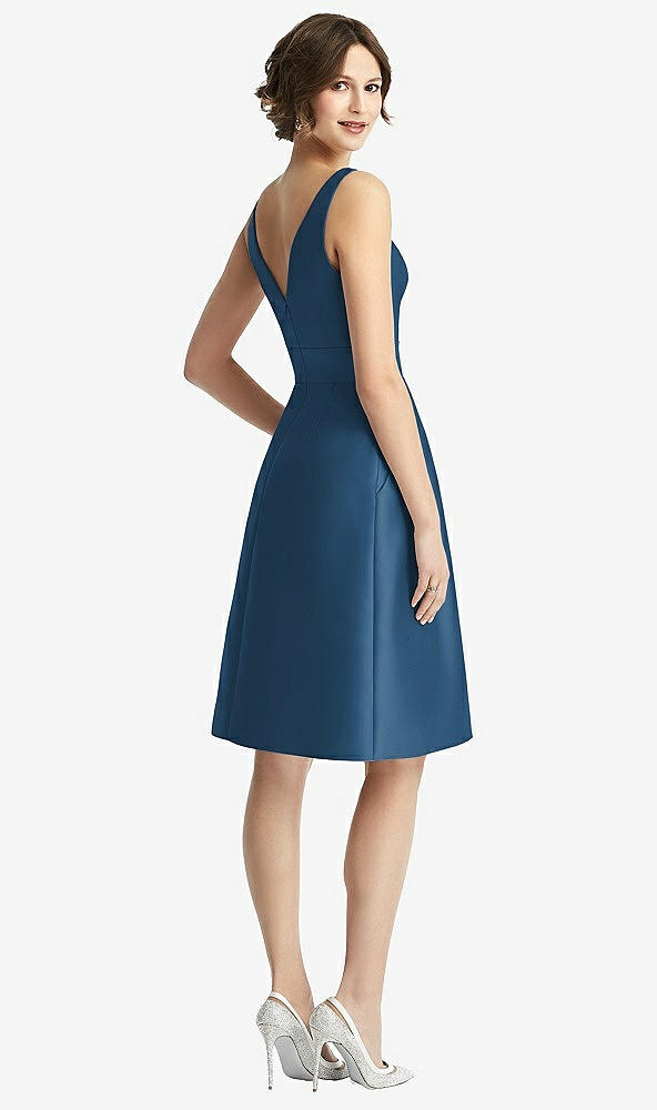 Back View - Dusk Blue V-Neck Pleated Skirt Cocktail Dress with Pockets
