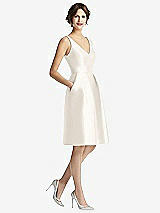 Front View Thumbnail - Ivory V-Neck Pleated Skirt Cocktail Dress with Pockets